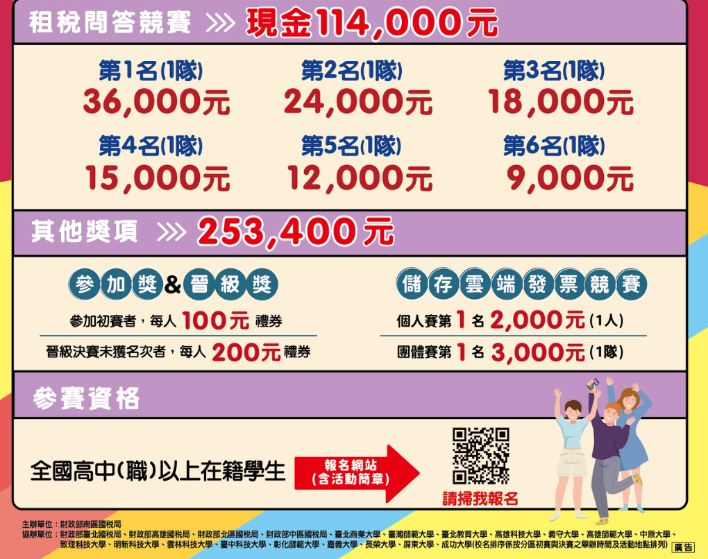 「全國租稅達人爭霸賽」報名開跑，高額獎金等你來挑戰，歡迎高中(職)以上學生揪團參加！